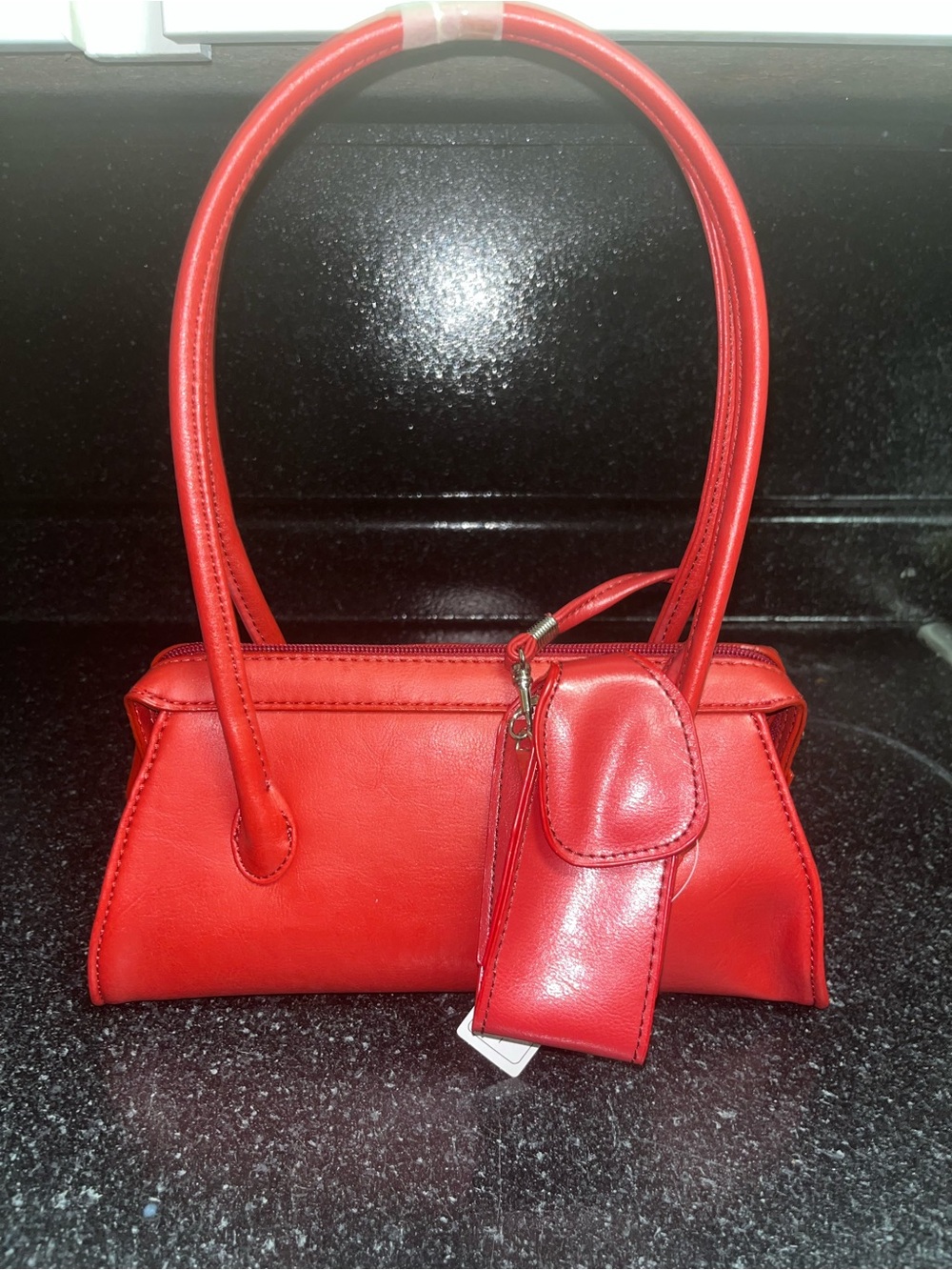 Red Leather Shoulder Bag with Detachable Pouch